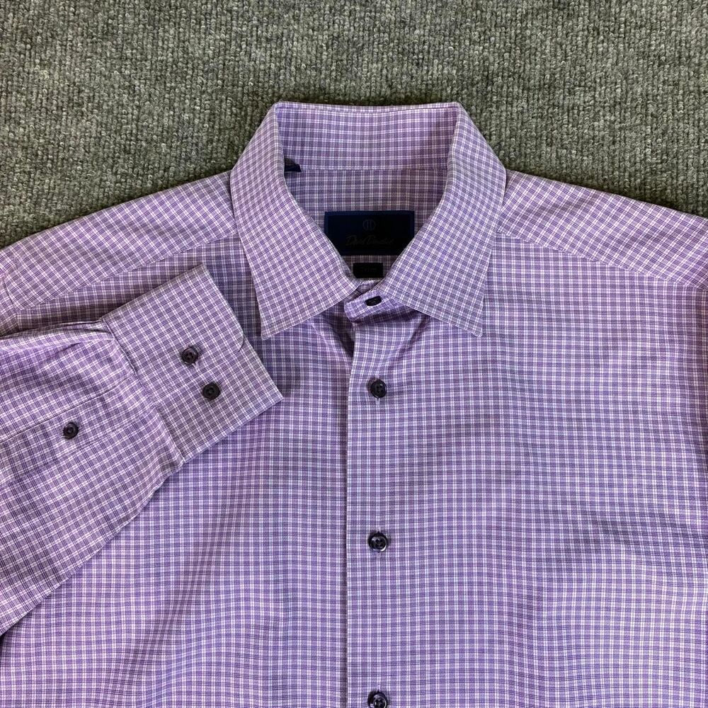 David Donahue Trim Fit Purple Check Dress Shirt 16.5 34/35 Cotton Mens